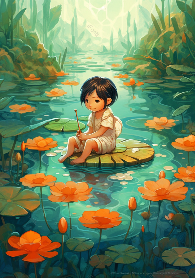 夏季儿童荷塘嘻玩红莲插画绿色背景,插画/手绘图,插画/手绘图库,插画/手绘图下载,插画/手绘